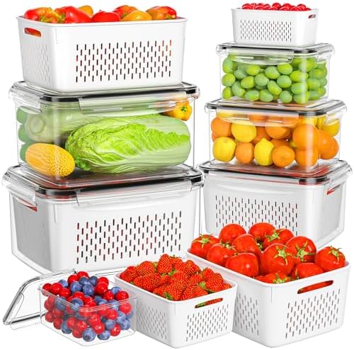 HOMETALL 6 PCS Fruit Storage Containers for Fridge with 6 Removable Colanders, BPA Free Produce Containers for refrigerator, Dishwasher & Microwave Safe Food Containers Keep Fruit, Salad, Berry, Fresh