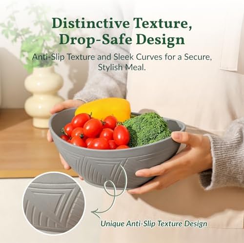 Homienly Wheat Straw Bowls, Large Salad Bowls Set of 6-60 OZ Serving Bowl for Kitchen, Camping, Party - Unbreakablke Microwave and Dishwasher Safe Big Cereal Bowl, Large Soup Bowl - Grey
