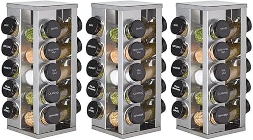 Kamenstein 20 Jar Heritage Revolving Countertop Spice Rack Organizer with Spices Included, FREE Spice Refills for 5 years, Brushed Stainless Steel with Black Caps (Pack of 3)