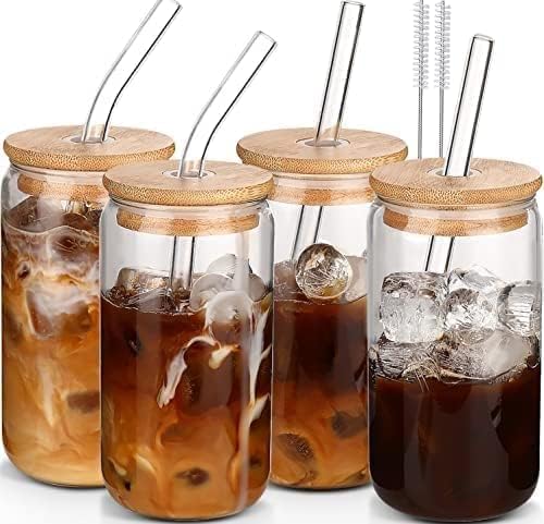 16 oz Glass Cups with Lids and Straws,Reusable Iced Coffee Cups Glass 4 Pcs