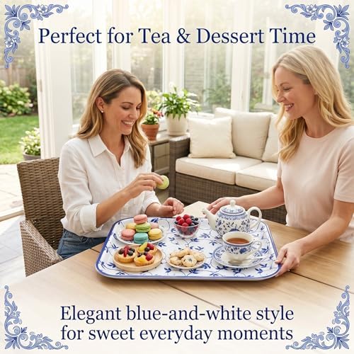 Vesici 4 Pack Blue White Melamine Serving Trays, 13 x 10 Inch Platters