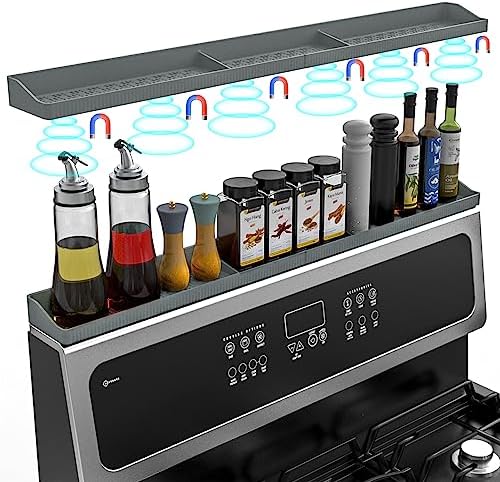Magnetic Stove Shelf for Back of Stove, 30 Inch Silicone Stove Top Spice Rack for Kitchen Organization, Heat Resistant Over the Stove Shelf with 6 Powerful Magnets, Fits Flat & Curved Stoves- Grey
