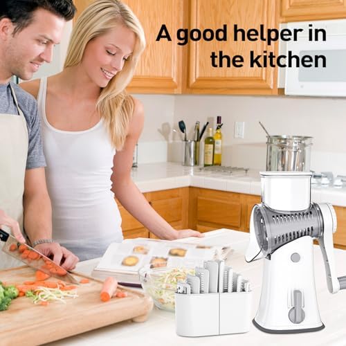 APSARAS USA Cheese Grater Hand Crank, Rotary Cheese Grater, 5 in 1 Rotary Grater, Cheese Shredder Replaceable Stainless Blades with Strong Suction Base, Easy to Clean Kitchen Gadgets with Storage Box