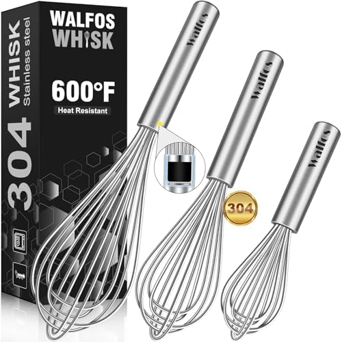 Walfos Whisk,304 Stainless Steel whisk,No-Rust 7+9+11inch Whisks for cooking Nice for Blending,Whisking,Beating.Heat resistant 600°F Dishwasher Safe. Heavy duty kitchen whisk.SILVER