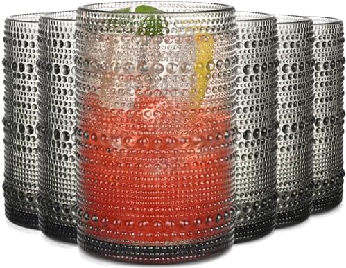 Gray Hobnail Drinking Glasses Set of 6,15 oz Vintage Highball Glasses,Drinkware Kitchen Glasses for Cocktail,Iced Coffee,Beer,Ice Tea,Wine,Whiskey,Water