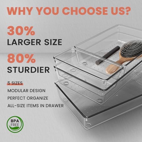 Large Clear Plastic Drawer Organizer 28 Pack - 5 Sizes (XL to small) Acrylic Drawer Organizer Trays for Kitchen Utensils, Gadgets, Bathroom, Vanity and Makeup, Office - Everything Can Be Organized!