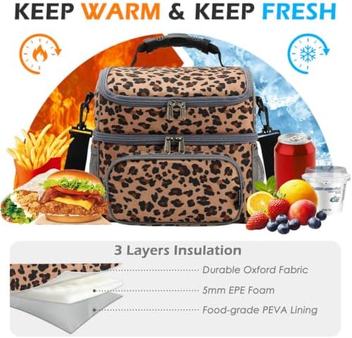 FlowFly Double Layer Cooler Insulated Lunch Bag Adult Lunch Box Large Tote Bag for Men, Women, With Adjustable Strap,Front Pocket and Dual Large Mesh Side Pockets