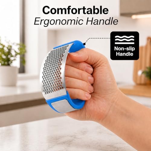 Zulay Kitchen Stainless Steel Garlic Press Rocker Set - Premium Garlic Mincer Garlic Crusher - New Innovative Garlic Crusher with Peeler and Scraper - Comfortable Grip (Blue)