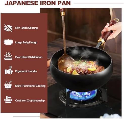Gugxiom Suntuup Japanese Iron Pan, 28cm/11in Cast Iron Wok (Wooden lid)