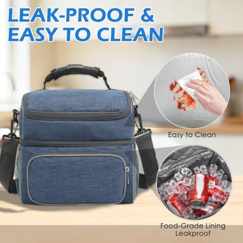 FlowFly Double Layer Cooler Insulated Lunch Bag Adult Lunch Box Large Tote Bag for Men, Women, With Adjustable Strap,Front Pocket and Dual Large Mesh Side Pockets