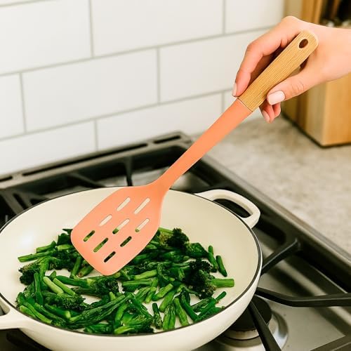 Beille 1pc Slotted Spatula Beech Wood and Silicone Kitchen Utensils Meal Prep Cooking Baking Supplies Home Essentials, Coral