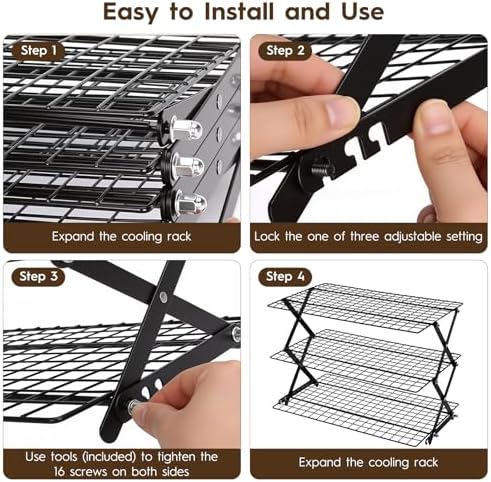 3-Tier Upgraded Stackable Cookie Cooling Rack-Collapsible Cooling Racks for Cooking And Baking Rack with Adjustable, Multifunctional Baking Cooling Rack for Cookies, Roasting, Countertop