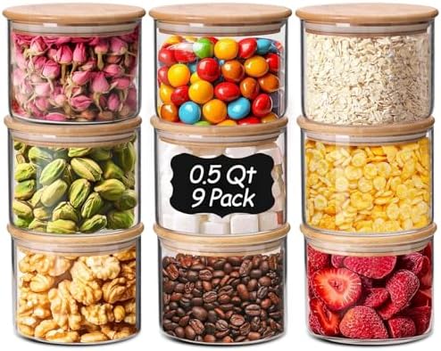 ComSaf Glass Storage Containers with Lids 0.5 Qt, 9 Pack Small Glass Jars