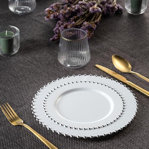 PLASTICPRO 128 Piece Combo Plastic Dinner Plates Disposable Plastic Fancy Heavy Duty Party Dishes 7 inch and 10 inch, White and Silver Beaded