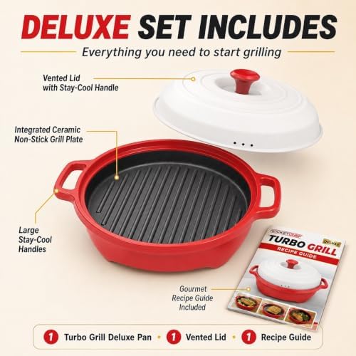 Turbo Grill Deluxe - Microwave Grill Pan with Lid, Nonstick, Ceramic Nonstick Grill Pan with Vented Lid, Grills, Sears & Crisps Bacon, Burgers, Steak & Veggies Fast + Bonus Recipe Guide