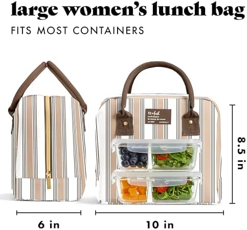 Fit & Fresh Bloomington Lunch Bag for Women - Insulated Large Lunch Box for Work with Containers, Leak-Resistant, Stain-Resistant, Zipper Closure, Ticking Stripe Taupe