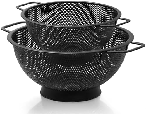 2PCS Black Colander for Kitchen, 3QT and 5QT, Stainless Steel Pasta Strainer with Handle, Pasta Strainer for Fruits Vegetables Cooking Food, Dishwasher Safe