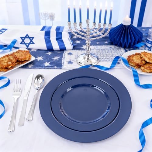 FLOWERCAT 200PCS Navy Blue Plastic Plates Disposable Plates for Party - Heavy Duty Plastic Plates - 10" &7" Plate for 100 Guests Hanukkah Parties and New Year Events