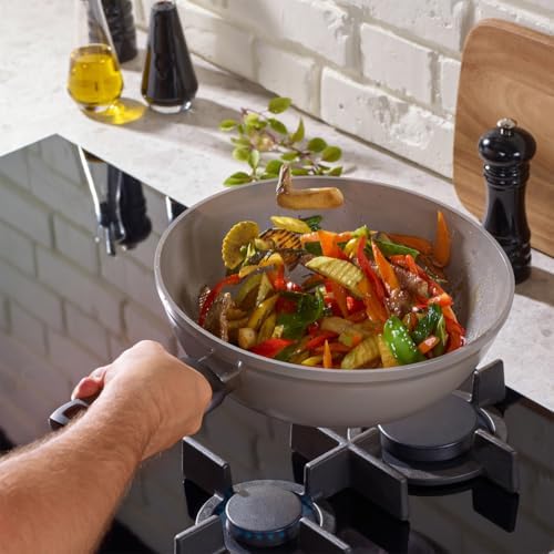 Fissler Ceratal Comfort 11 Inch Ceramic Non-Stick Wok, 3.9 Quart, Warm Grey, Made without added PFAS/PTFE, All Stovetops Including Induction, Made in Germany