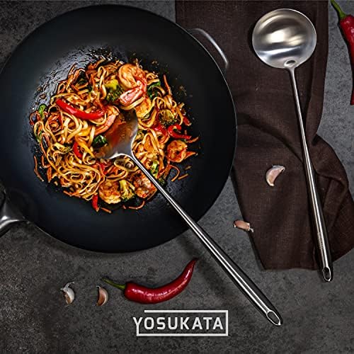 YOSUKATA Carbon Steel Wok Pan 14“ + 17’’ Wok Spatula and Ladle + Premium Wok Cover 14 inch Pan Lid