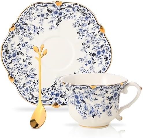 Country Roses Porcelain Tea Cup and Saucer Set with Gold Trim, Vintage Style, For Women and Tea Parties (1, Cyan)