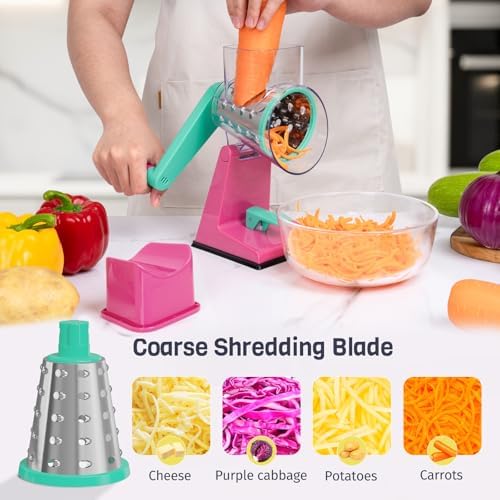 Upgraded Rotary Cheese Grater with 3 Interchangeable Stainless Steel Drums, One-Press Powerful Suction Manual Vegetable Shredder&Slicer for Kitchen, 15pcs Storage Bags Included, Rose-red&Green