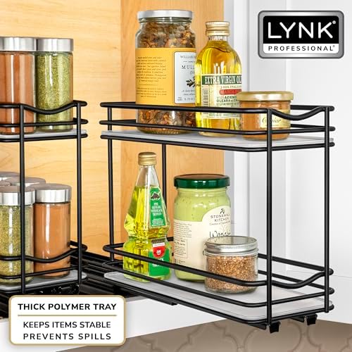 LYNK PROFESSIONAL® Pull Out Spice Organization for Cabinets - 4-3/8 inch Wide – Spice Rack for Inside Cabinets, Slide Out Spice Rack Organizer for cabinet – Pull Out Spice Rack, Sliding 2 Tier Black