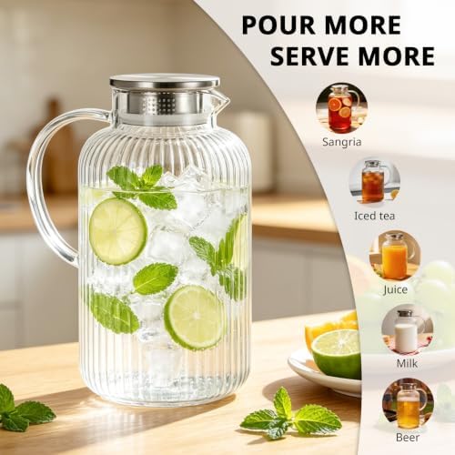Bivvclaz 3 Liter 101 oz Stripes Glass Pitcher with Lid and Handle