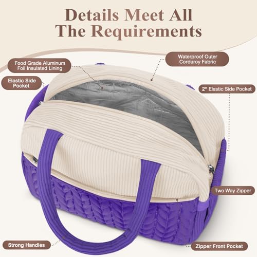 KUBYA Lunch Box for Women, Cute Corduroy Insulated Lunch Bag Women Reusable Work Leakproof Simple Adults Large Lunch Boxes Tote Bag Men Cooler Bag