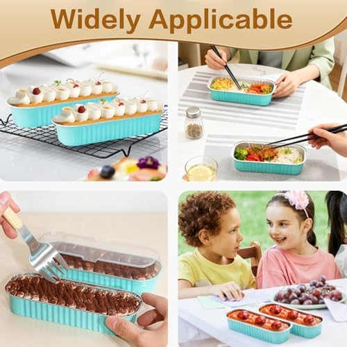 50 Pack Mini Cake Pans with Lids and Spoons, Mini Loaf Baking Pans 6.8oz, Small Disposable Aluminum Foil Loaf Pans, Rectangular Baking Containers for Party and Picnics, Cheesecake Pans (Blue)
