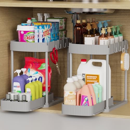 2 Packs Under Sink Pull-Out Storage Organizers, 12.8 Inches, Grey