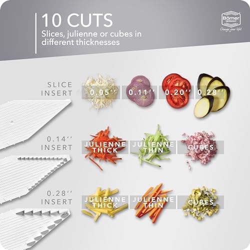 Börner Mandoline Slicer V5 (Professional Set) • Adjustable Vegetable Slicer (7-piece) • 10 Cutting Styles • Kitchen Slicer incl. Docking Station • Stainless Steel V-Blade • Color: White