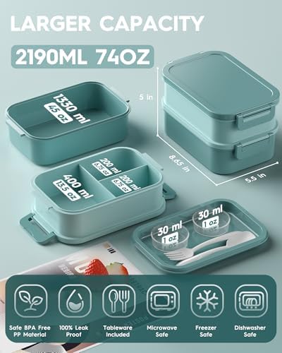 KEMETHY Adults Bento Lunch Box Set with Thermo Bag, 74oz Stackable Leak-proof 3-tiers Bento Box, Built-in Utensil and Sauce Container for Work, School, Dining Out (Green)