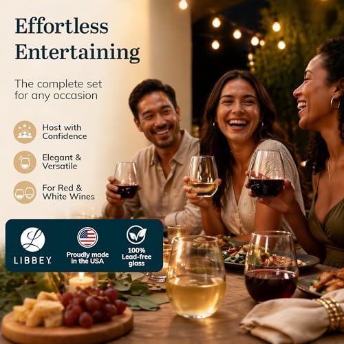 Libbey Stemless Wine Glasses Set of 12, Dishwasher Safe Set Of Wine Glasses, Perfect for Cocktails, Water, and Outdoor Glassware