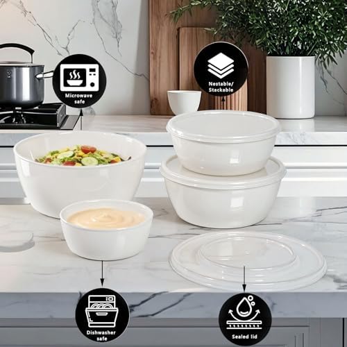4-Piece Classic Plastic Prep Bowls with Lids, Nesting Plastic Small Mixing Bowl Set for Mixing, Baking, Prepping, Cooking and Serving Food, Microwave and Dishwasher Safe (White)