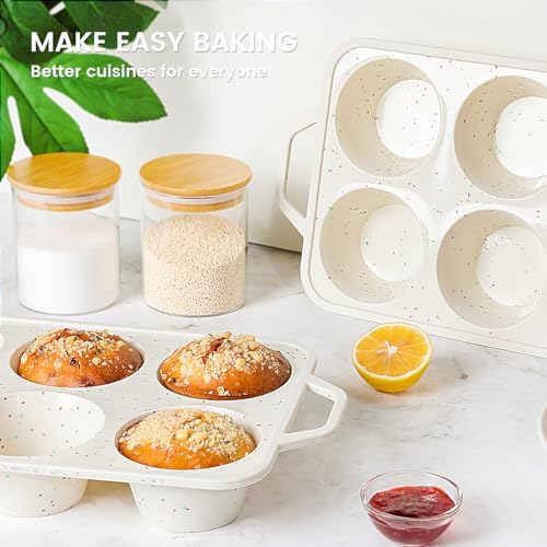 Vinino Jumbo Muffin Pan with Metal Reinforced Frame-2Pack, Silicone Cupcake Pan for Baking 6 Cup Jumbo Size, BPA Free Silicone Muffin Tray, Cupcake Baking Pan Molds for Oven Dishwasher Safe-Cream