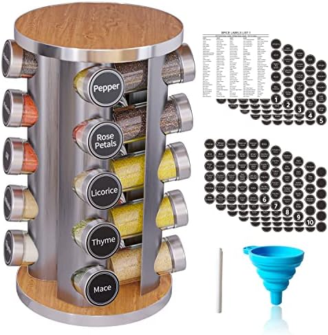 Revolving Spice Rack Set with 20 Spice Jars, Kitchen Spice Tower Organizer for Countertop or Cabinet -- Carousel Storage Includes 386 Spice Labels -- Desktop Rotating Seasoning Organizer