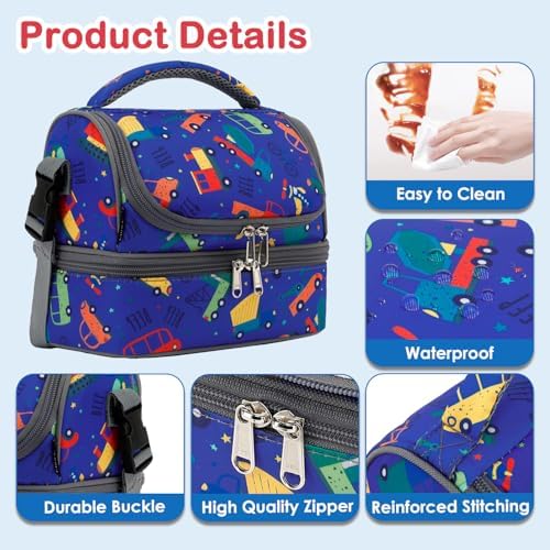 FlowFly Kids Double Decker Cooler Insulated Lunch Bag Large Tote for Boys, Girls, Men, Women, With Adjustable Strap, Car