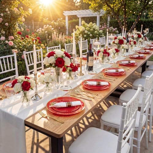 WDF Partyware 175 Pieces Red Plastic Plates with Gold Rim Include Dinner Plate 10" Dessert Plate 7" gold Cups 9 OZ, Pre Rolled Napkins 25 of each type for Wedding/Party/Birthday