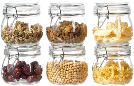 ODBCYWM 17oz Glass Food Storage Jars with Airtight Lids, Set of 6 – Clear Preserving Seal Wire Clip Fastening Canisters for Kitchen Canning, Flour, Cereal, Pasta, Sugar, Beans, Pickling Jars (17oz*6)