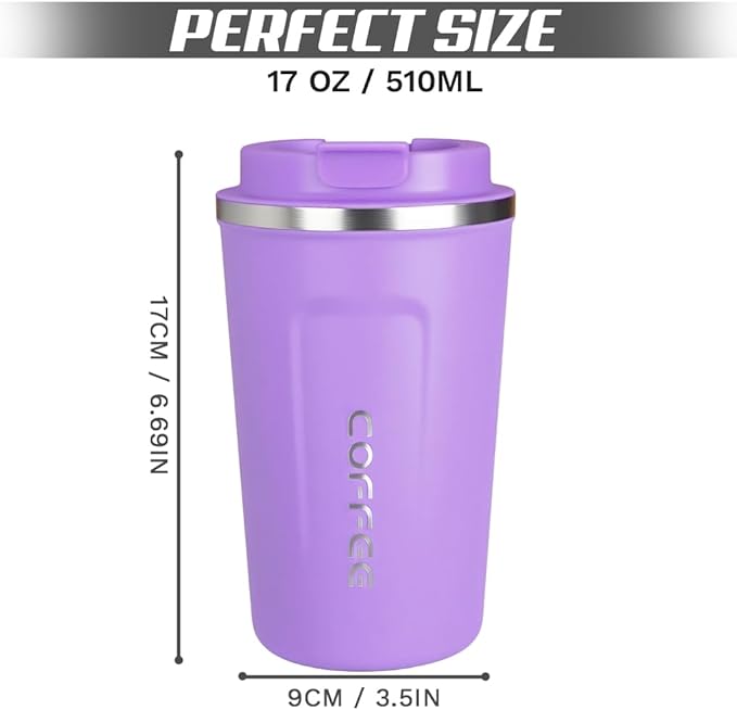 Travel coffee mugs leak-proof, reusable coffee cup with lid, stainless steel vacuum insulated coffee tumblers, thermal insulation cups for men & women keep drinks hot & cold (2nd-Purple, 17OZ)