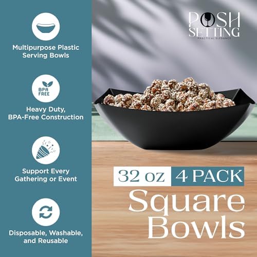 4 Pack Disposable Black Plastic Serving Bowls Square Party Candy Use 32oz