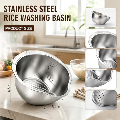 Palksky Rice Strainer & Rice Washing Bowl Stainless Steel - 5.6 Qt Professional Fine Mesh Rice Washer for Kitchen - Heavy Duty Rice Rinser, Cleaner & Drainer Colander for Quinoa, Grains & Fruit