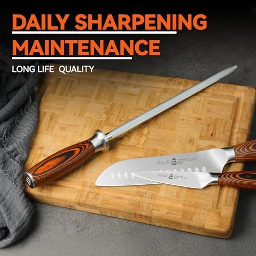 TUO Honing Steel, 10 Inch Knife Sharpener Rod with Pakkawood Handle for Kitchen Knives Daily Sharpening Maintenance - Fiery Phoenix Series