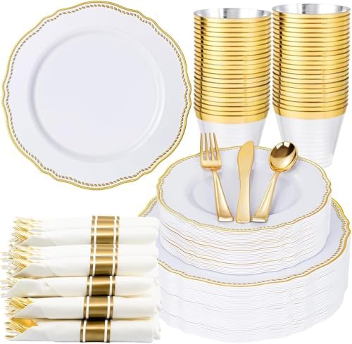 Hioasis 175 Pcs White and Gold Plastic Plates Wedding & Party