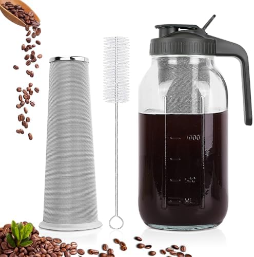 Cold Brew Coffee Maker, 64 oz Mason Jar Pitcher with Stainless Steel Filter, Pour Spout Handle Lid, Airtight & Leak-Proof for Iced Coffee,Tea & Lemonade