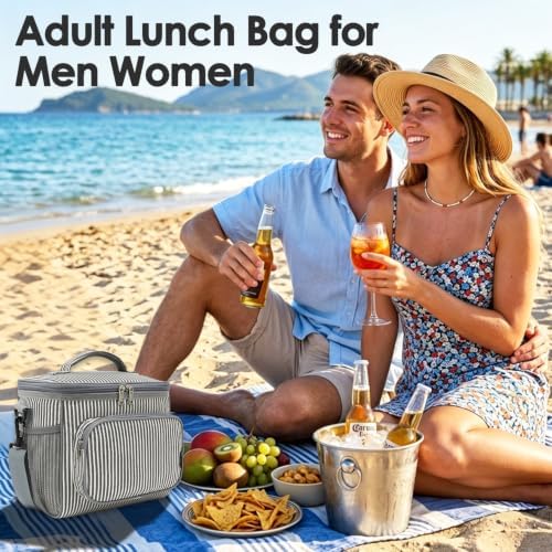 FlowFly Insulated Reusable Lunch Bag Adult Large Lunch Box for Women and Men with Adjustable Shoulder Strap,Front Zipper Pocket and Dual Large Mesh Side Pockets,Stripes