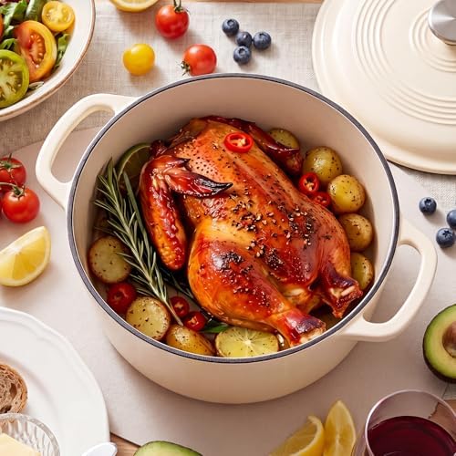 NEWBULIG Cast Iron Dutch Oven, 6 Quart Enamel Dutch Oven Pot with Lid, Heavy Duty Cookware for Sourdough Bread, Braising, Stews, Roasting, Safe up to 500°F, Beige