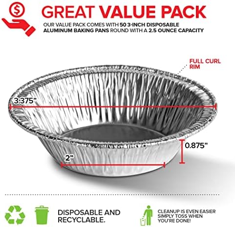Stock Your Home 3 Inch Aluminum Foil Pie Pans (50 Count) Disposable & Recyclable Mini Pie Pans, Small Pie Tin for Baking, Cafes, and Restaurants, Durable Individual Pie Pan for Fruit Tarts, Quiche