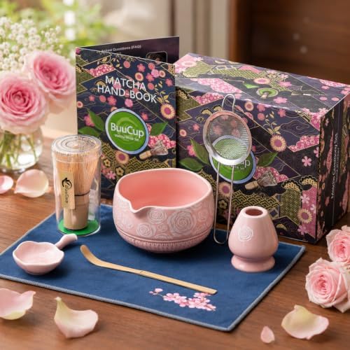 Buucup Matcha Whisk Set, Ceramic Matcha Kit with Bowl & Tools, Rose Pink